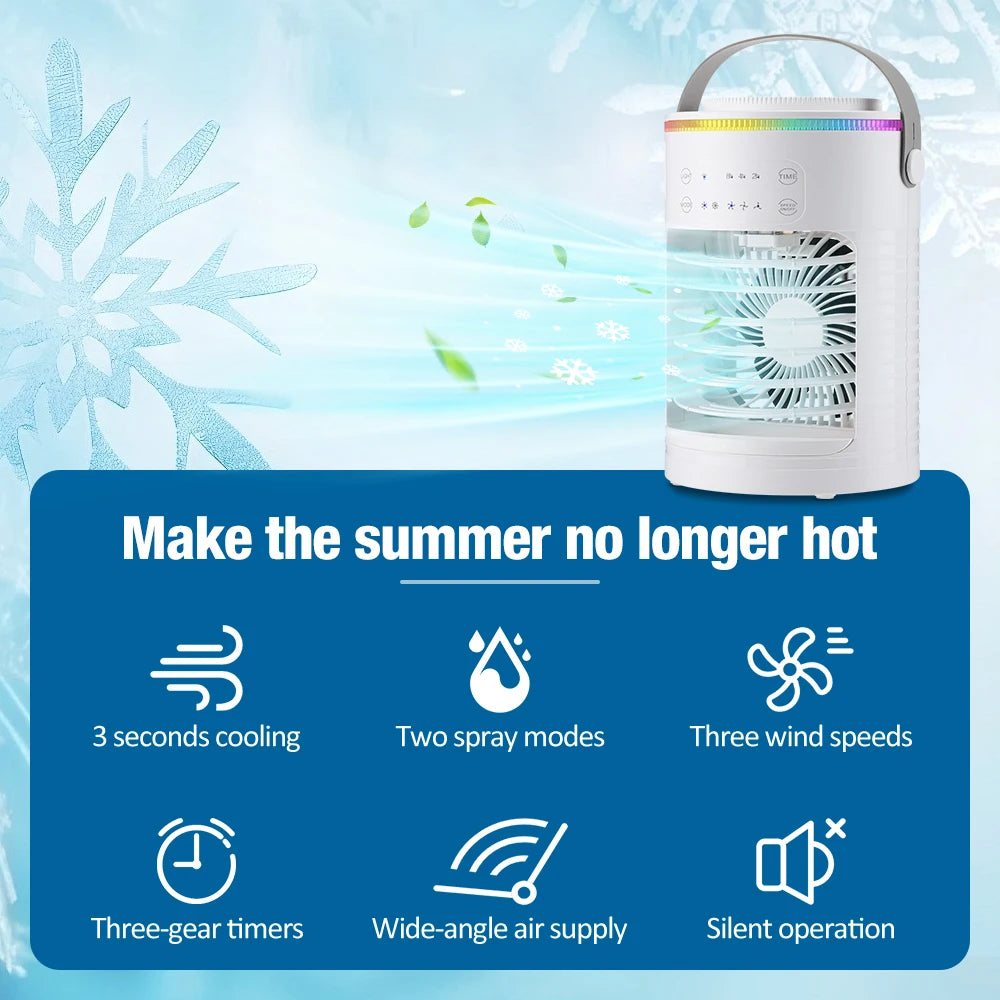 Air Conditioner Cooling Spray Fan Air Conditioner with Water Ice Evaporative Humidifier Quiet Air Cooler with Colorful Light