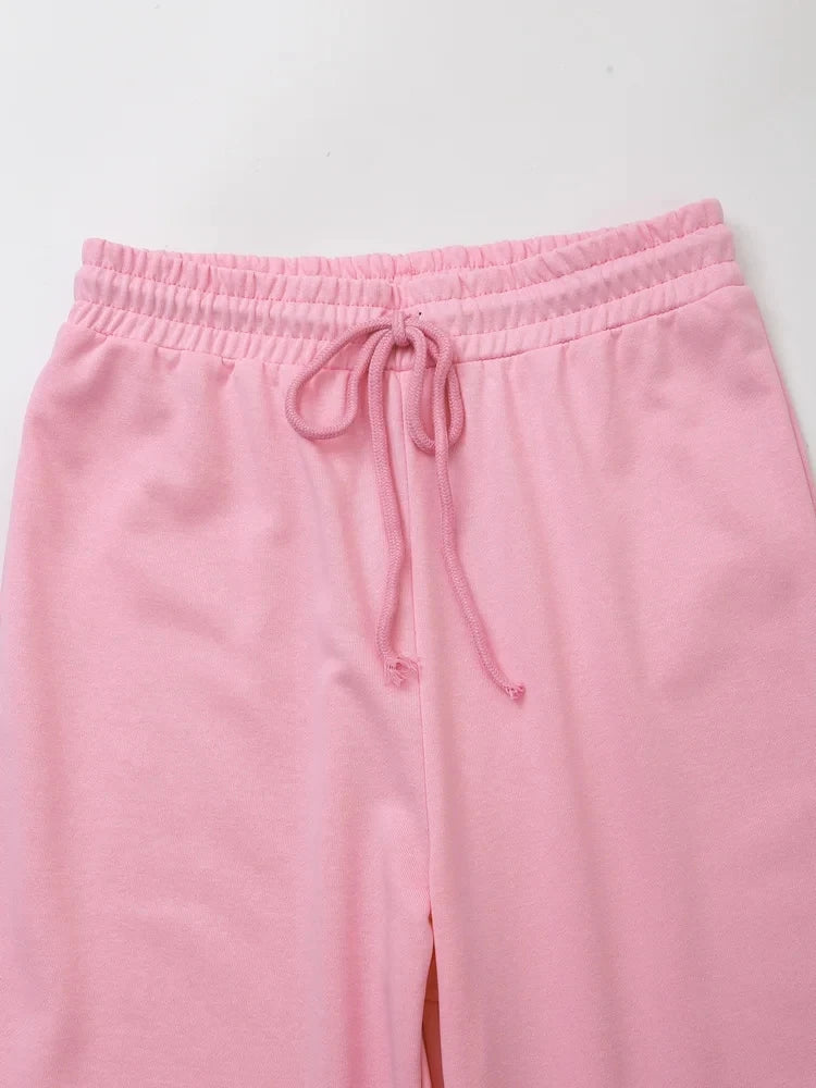 HH Summer Women Casual T Shirt Pant Sets Elegant Pink O Neck Short Sleeve T-Shirt + Drawstring Loose Trousers Spring Suit