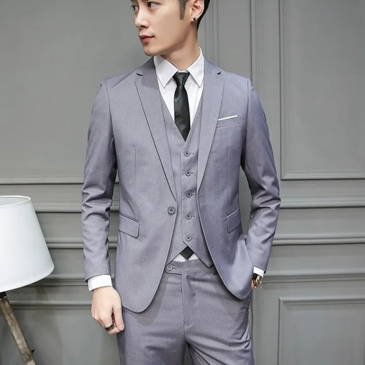 Men Suit 3 Piece Set Slim Fit Korean Style Best Man Groom Wedding Tuxedo Brother Group Formal Attire