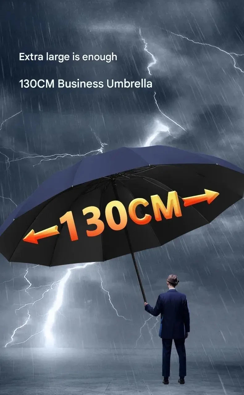 Extra Large 12-Rib Reinforced Umbrella Windproof UV Protection Heavy Rain Compact Fold Design 130cm for Sun And Rain