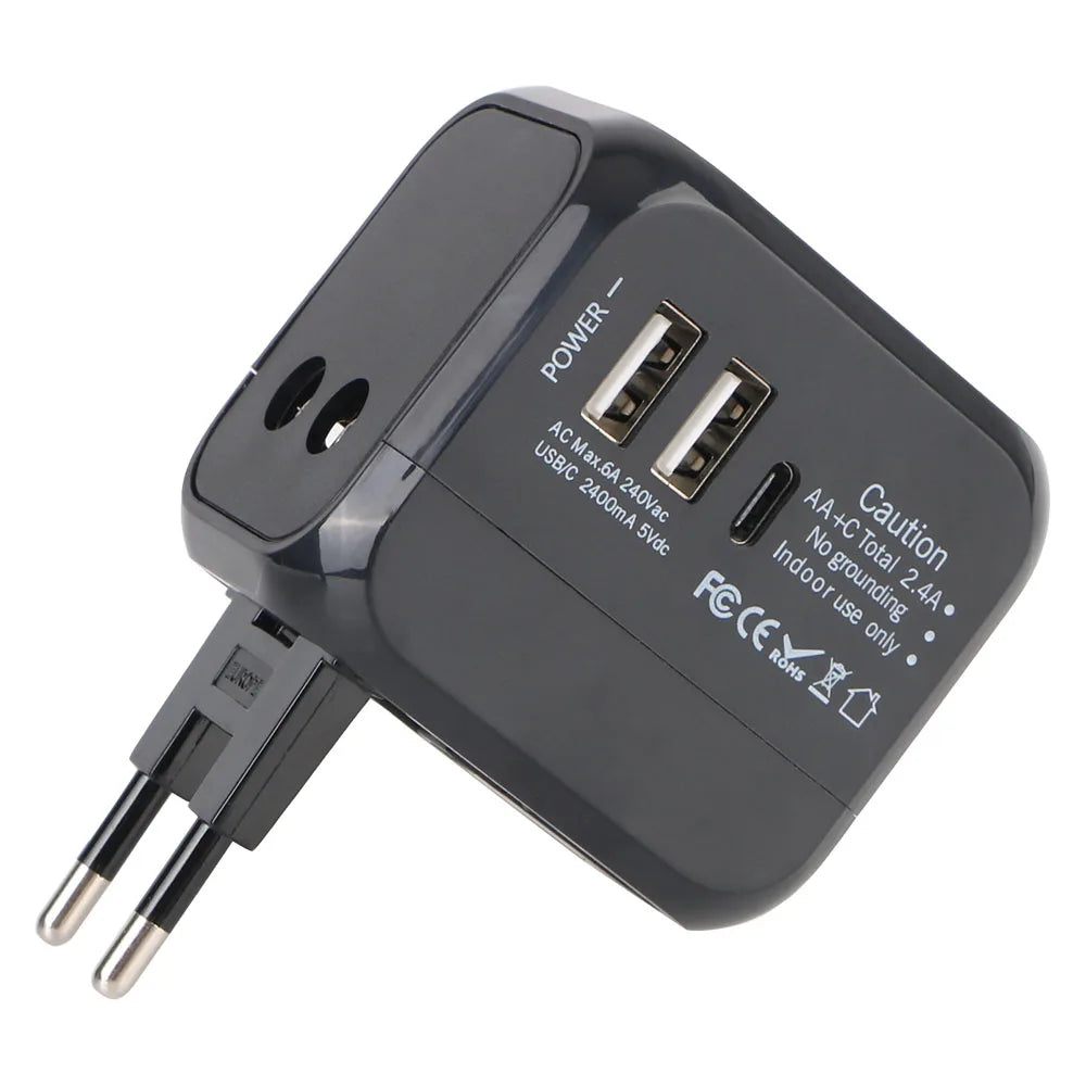 All-in-One Wall Travel Charger Adapter - US EU UK AU Plugs with 2 USB & 1 Type C, Universal for Travel