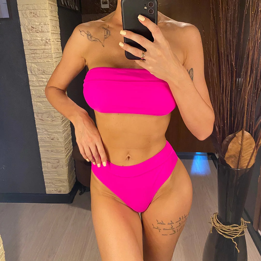 Sexy Bandeau High Leg Cut Female Swimsuit High Waist Bikini Women Swimwear Two-pieces Bikini set Bather Bathing Suit Swim V5444