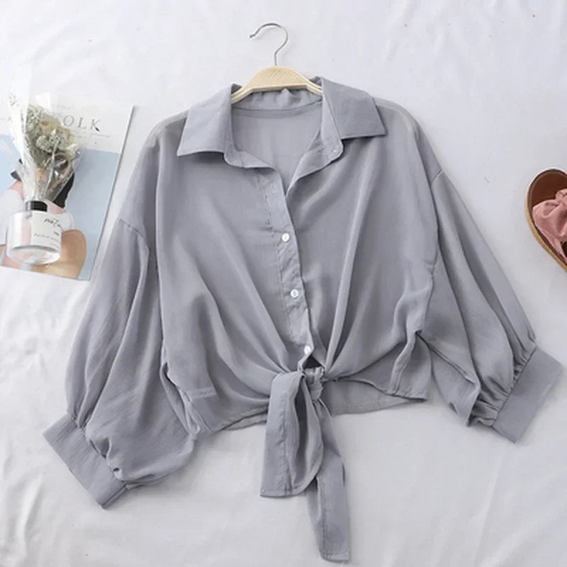 Summer Sun-protective clothing Casual Loose Clothes Elegant Solid Color Tied Waist Blouse Bat Half Sleeve Button Chiffon Shirt