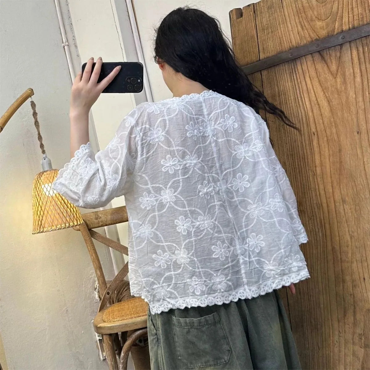 Summer Thin Casual Loose Lace Cotton Shirts Cardigan Women Long Sleeve Button Up Floral Embroidery Top Vintage Boho Style Blouse