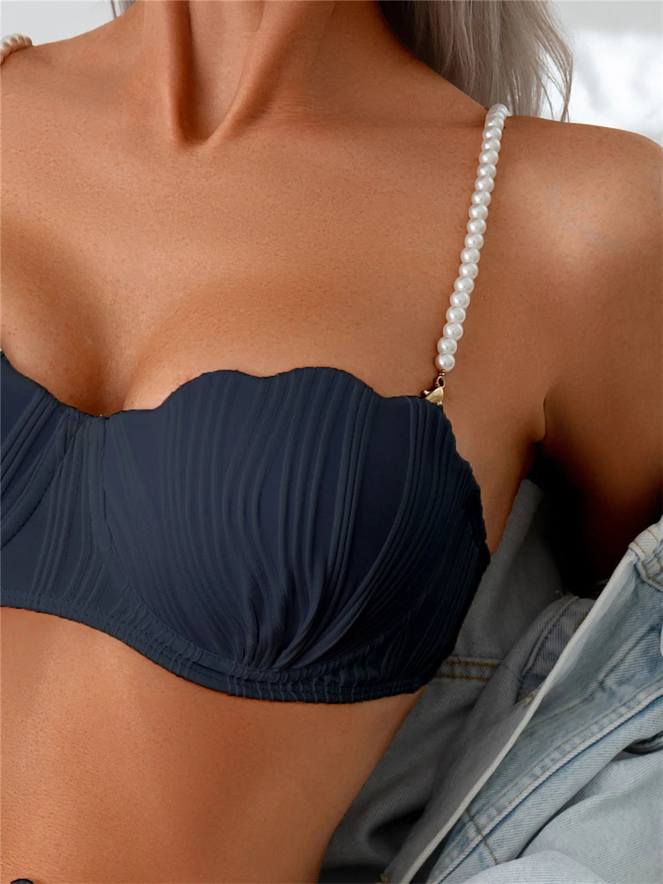 Solid String Pearls Bikini Women Push Up Sea Shell Swimsuit Ruffle High Waist Swimwear Female Bathing Swim Suit Bather Beachwear
