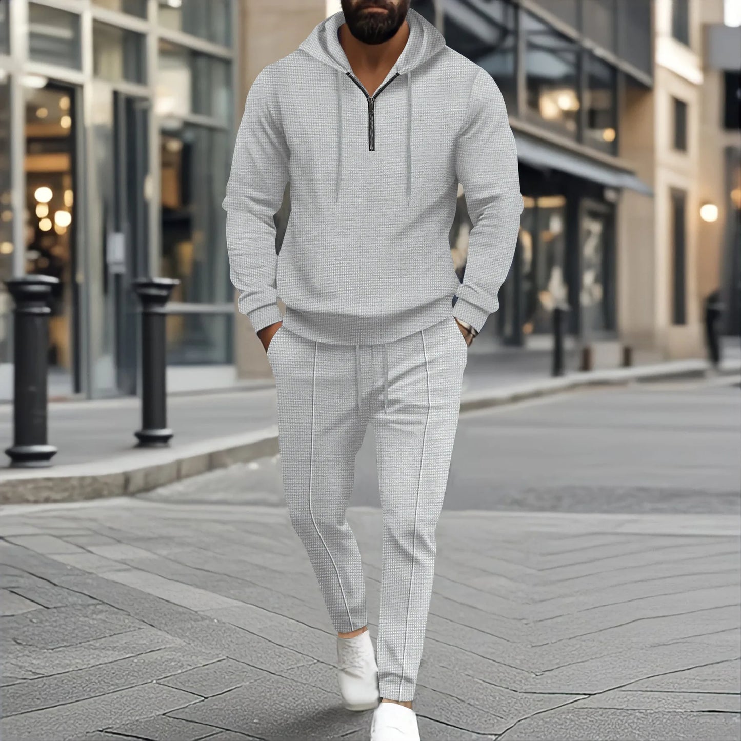 Teen Boys 2-Piece Set Waffle Knit Half-Zip Hoodie And Drawstring Pants Casual Comfortable Clothing
