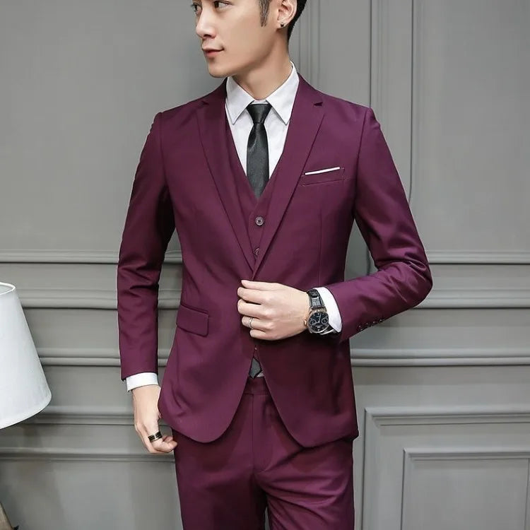 Men Suit 3 Piece Set Slim Fit Korean Style Best Man Groom Wedding Tuxedo Brother Group Formal Attire