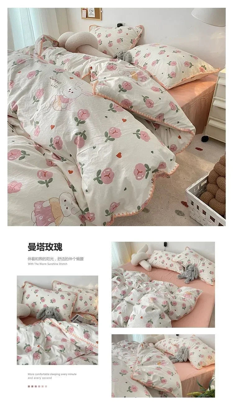 Bedding Set  Girls Cherry  Soft Washed Cotton Bed Sheet Queen King Size Duvet Set  Comforter Set Pillowcase Bed Linens