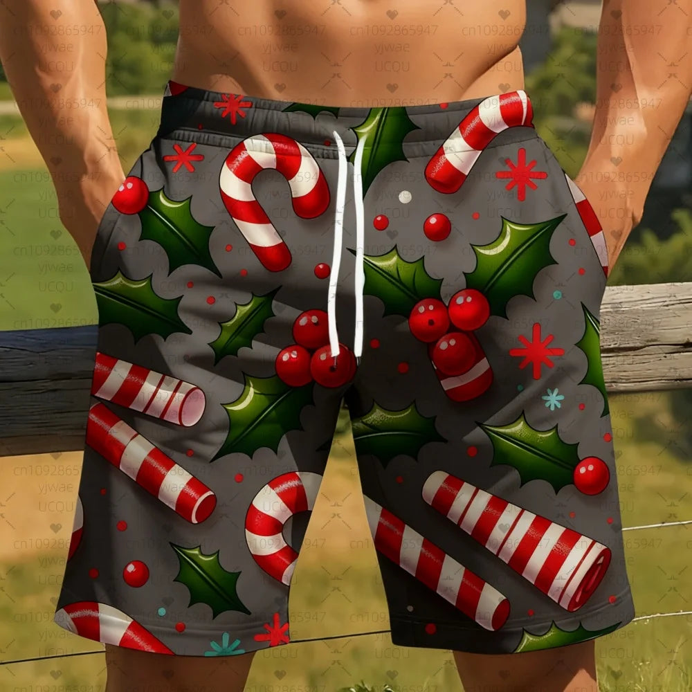 2025 new Men's Board Shorts Christmas candy cane holly Trunks Drawstring Elastic Quick Dry Hawaiian Beach Shorts men clothing