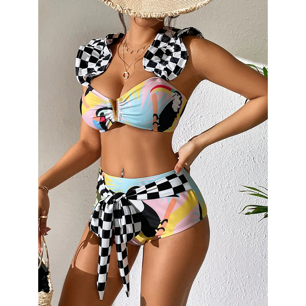 2026 Sexy Bikini Set Women High Waist Classic Off Solid Ruffle Sleeves Swimwear Red Separate Deep V Swimsuit Vintage Beach Set