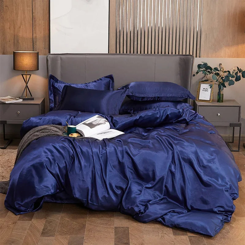 Solid Color Silk-like Bedding European and American Bed Sheet Quilt Cover Pillowcase