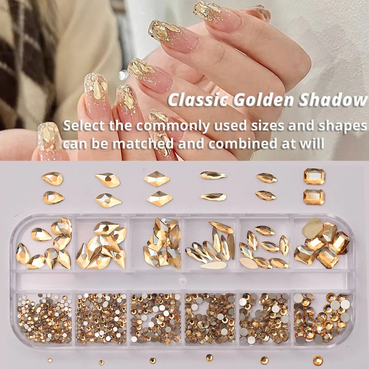 12 Grids Golden Shadow Flatback Rhinestones Glitter Nail Charms Crystal Diamond Nail Art Decoration for Nails Accessories
