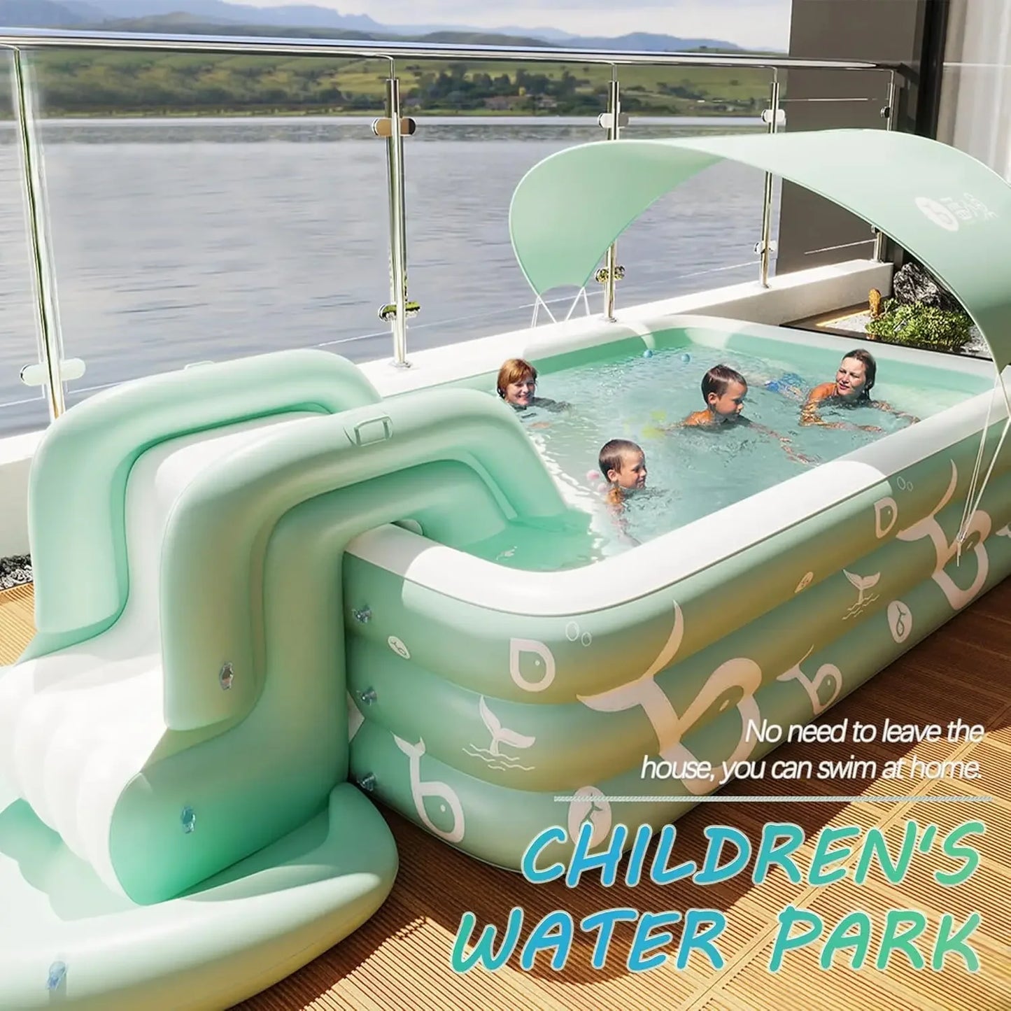 Inflatable Pool with Canopy and Slide,Large Inflatable Swimming Pool for Persons,Family Pool for Backyard, Outdoor