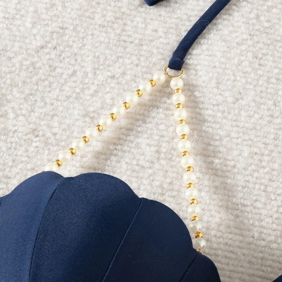Solid String Pearls Bikini Women Push Up Sea Shell Swimsuit Ruffle High Waist Swimwear Female Bathing Swim Suit Bather Beachwear