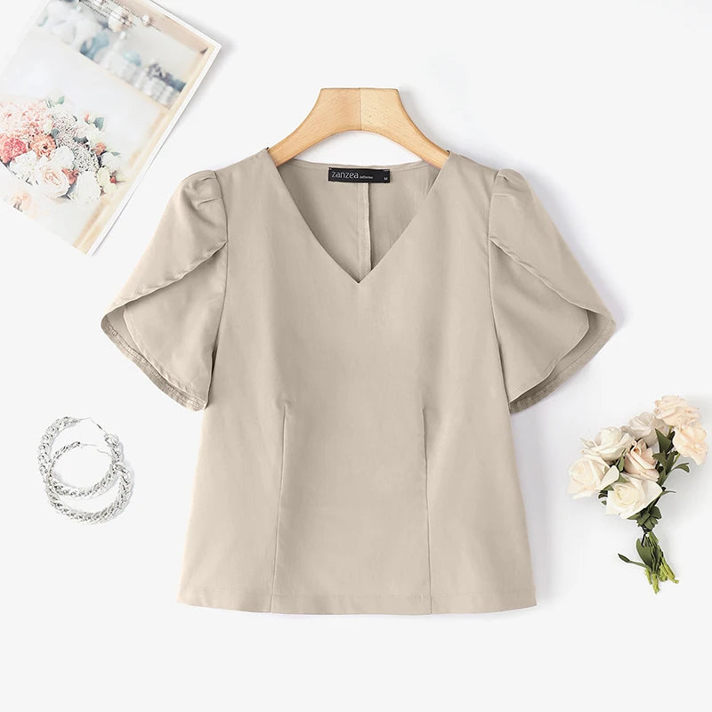 Summer Short Puff Sleeve Blouse ZANZEA Women Tunic Tops 2025 Fashion Solid Color Shirts Sexy V-Neck Casual Blusas Streetwear