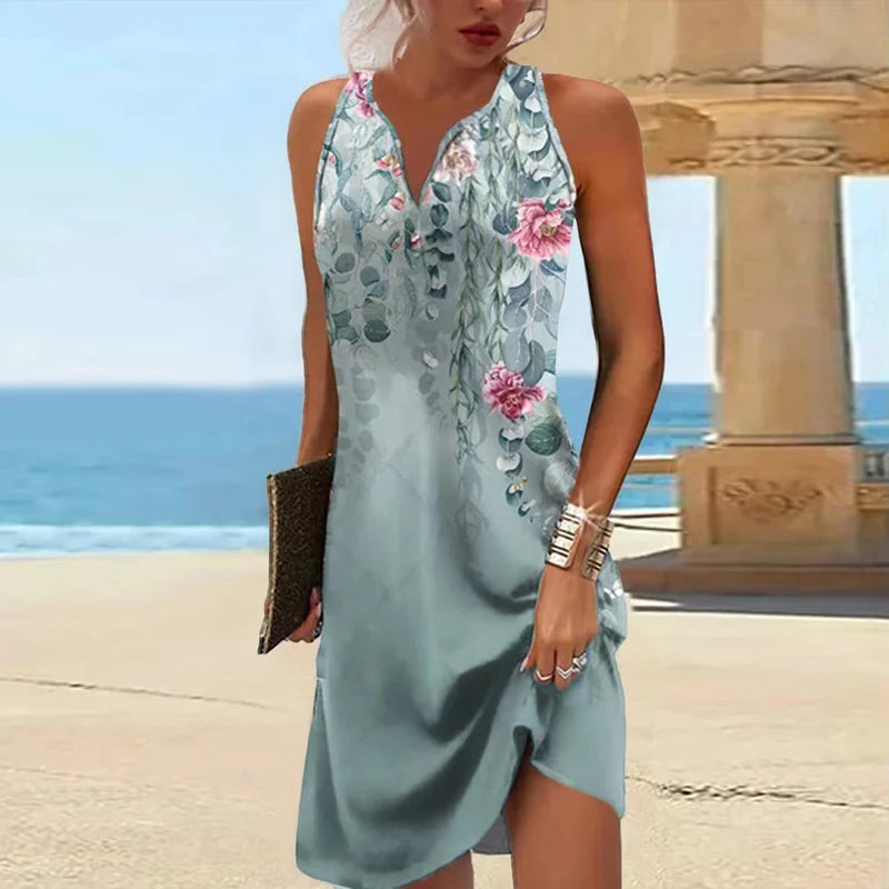 Summer Beaded Dresses for Women 2023 Fashion Stitching V Neck Loose Bohemian Vacation Basic Sleeveless Party Dresses Vestidos