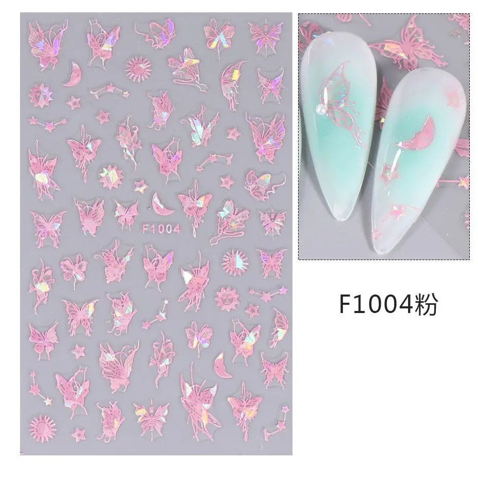1PCS Black White Butterfly Laser Nail Stickers Y2K Nail Art Decoration Abstract Lines Bronzing Flowers Stickers For Nails