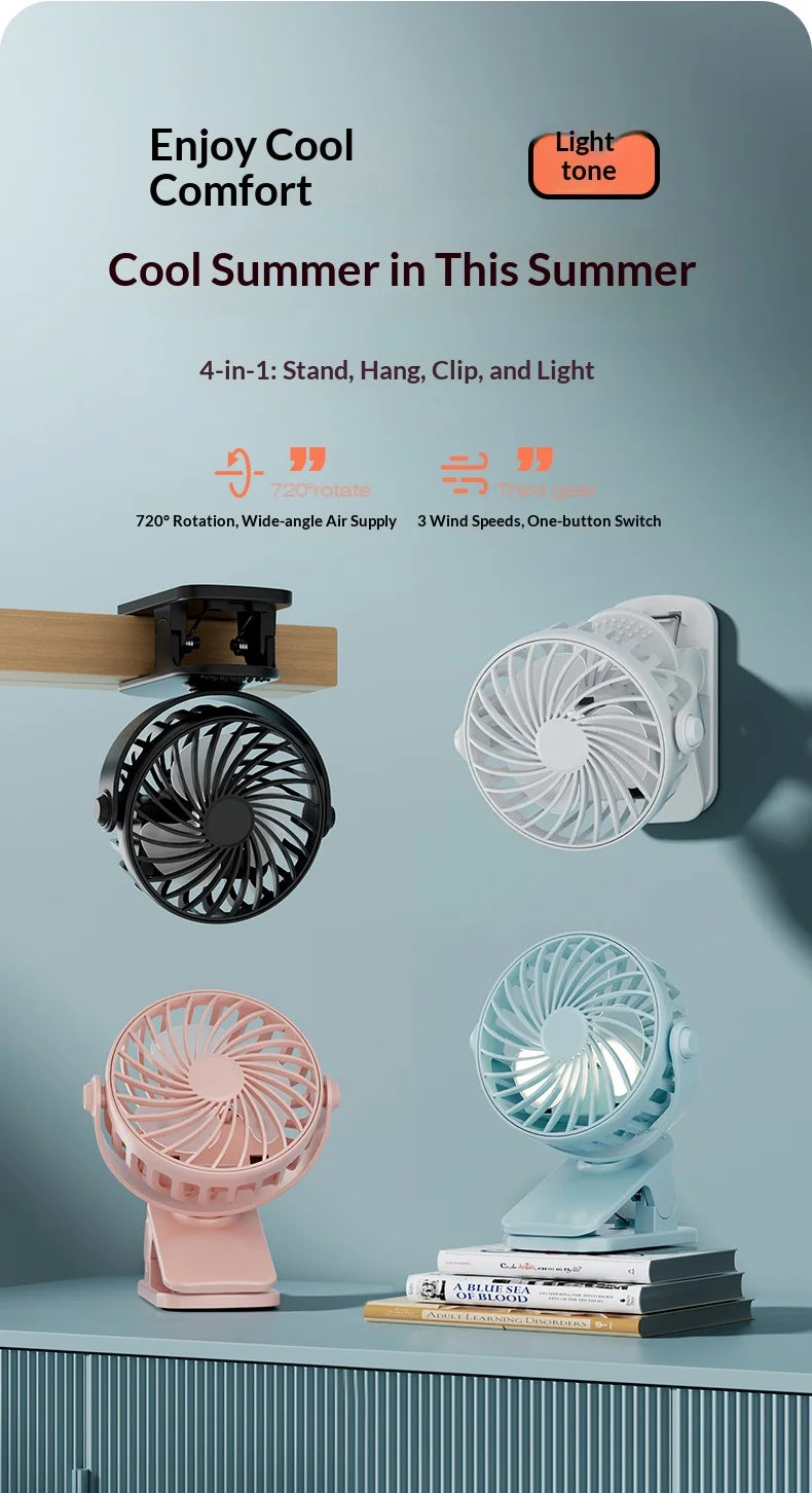 Portable Rechargeable Clip Fan 720° Rotatable Hanging Fan with Night Light Air Cooler for Outdoor Camping Ventilador