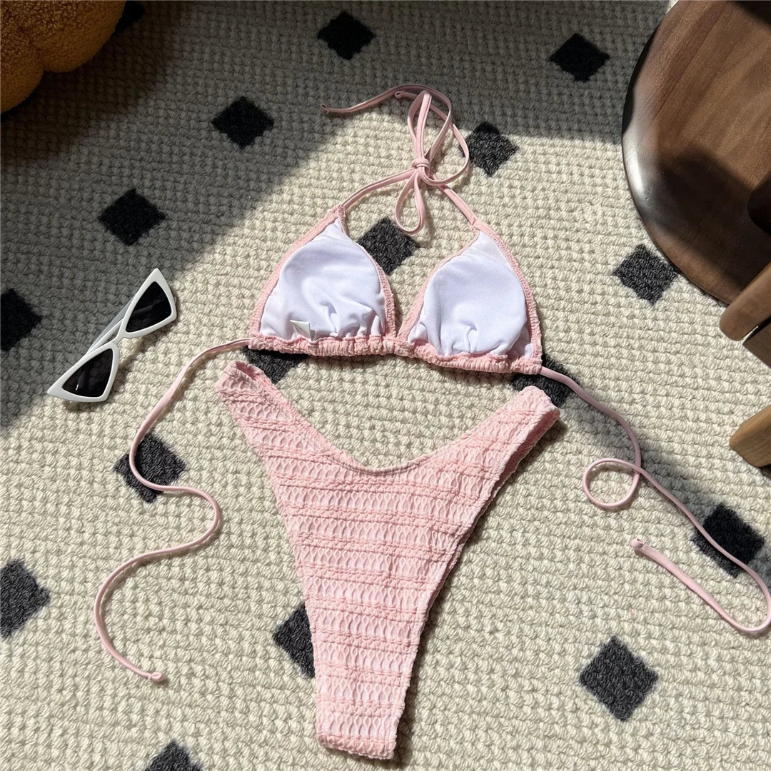 5 Colors Wrinkled Halter Brazilian Bikini Women Swimwear Female Swimsuit Two-pieces Bikini set Bather Bathing Suit Swim K5470