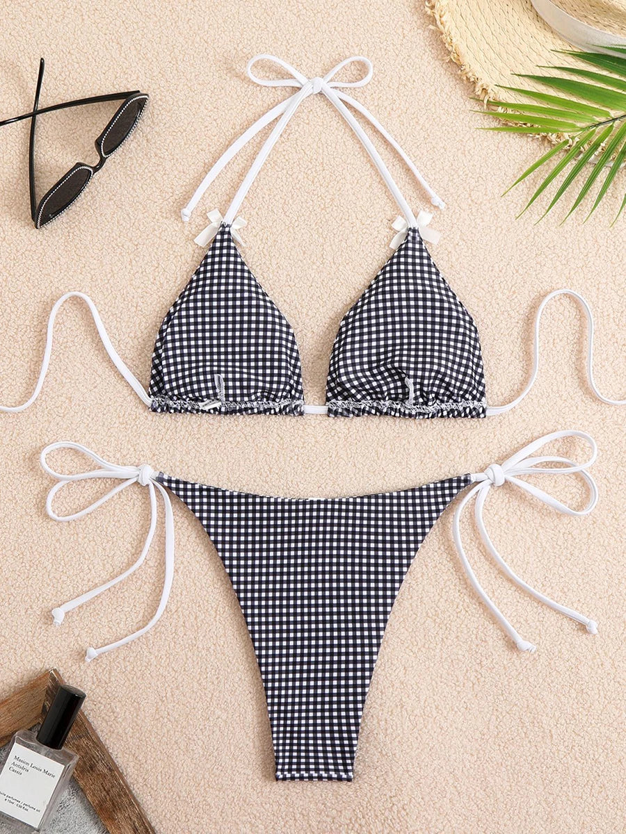 Sexy Bikini Women's Swimsuit Butterfly Decor Checked Swimwear 2026 Halter Thong Bikinis Sets Swimming for Beachwear Bathing Suit
