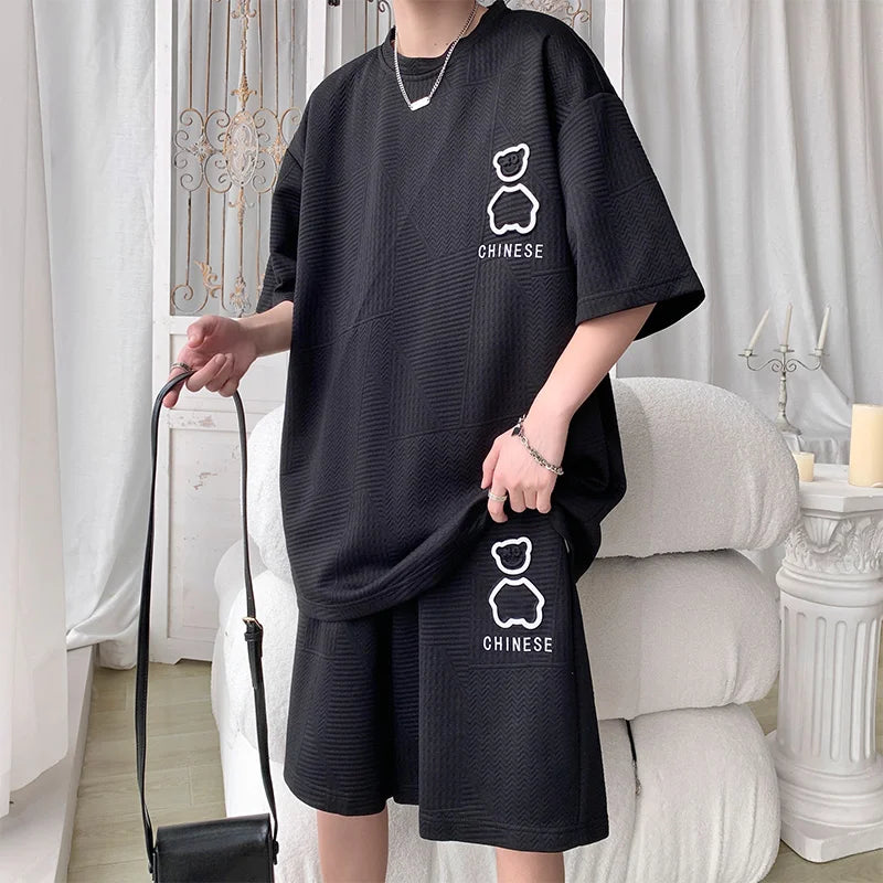Casual Sportswear Set for Men Summer Short Sleeve Five-Quarter Pants Polyester Fiber Big Size Two-Piece Suit T-Shirt Shorts