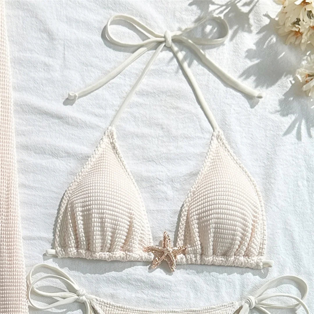 Metal Star Halter With Skirt Bikini Female Swimsuit Women Swimwear Three-pieces Bikini set Padded Bather Bathing Suit Swim V6740