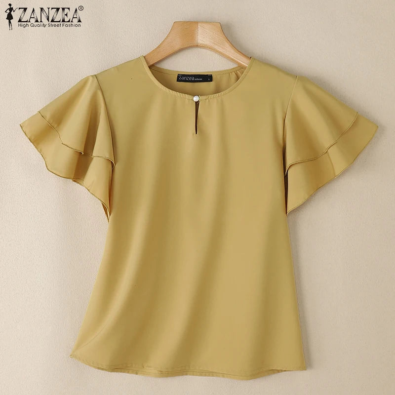 2026 ZANZEA Summer Elegant Short Sleeve Office Blouse Women Shirt Casual Solid OL Work Tops Fashion O Neck Holiday Tunic Mujer