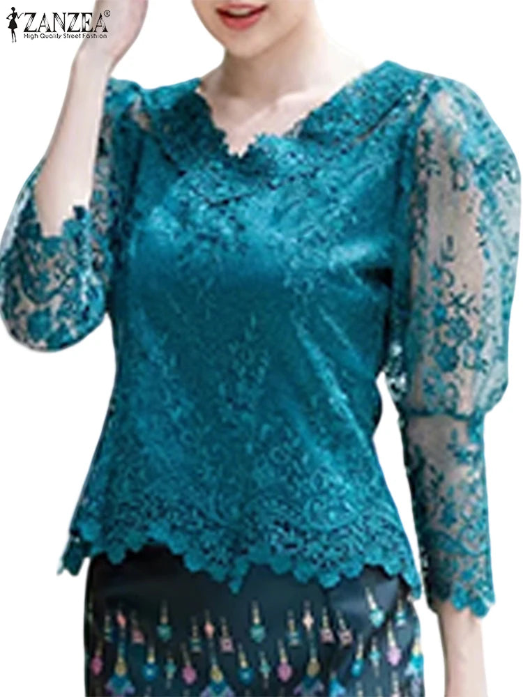 Summer Lace Blouse Women Tops Vintage Hollow Out Floral Blusas 3/4 Sleeve O Neck Tunics 2025 ZANZEA Casual Transparent Pullover