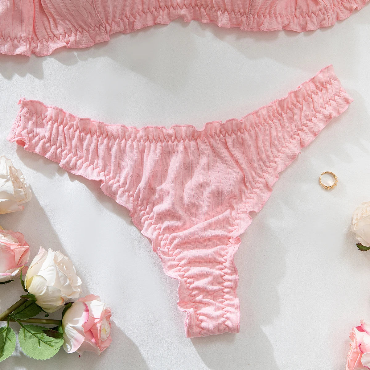 Sexy Women  Ruffle Edge Lingerie Set Breathable Hollow Eyelet Texture Bralette & High‑Cut Thong Soft Cotton Daily Intimate Wear