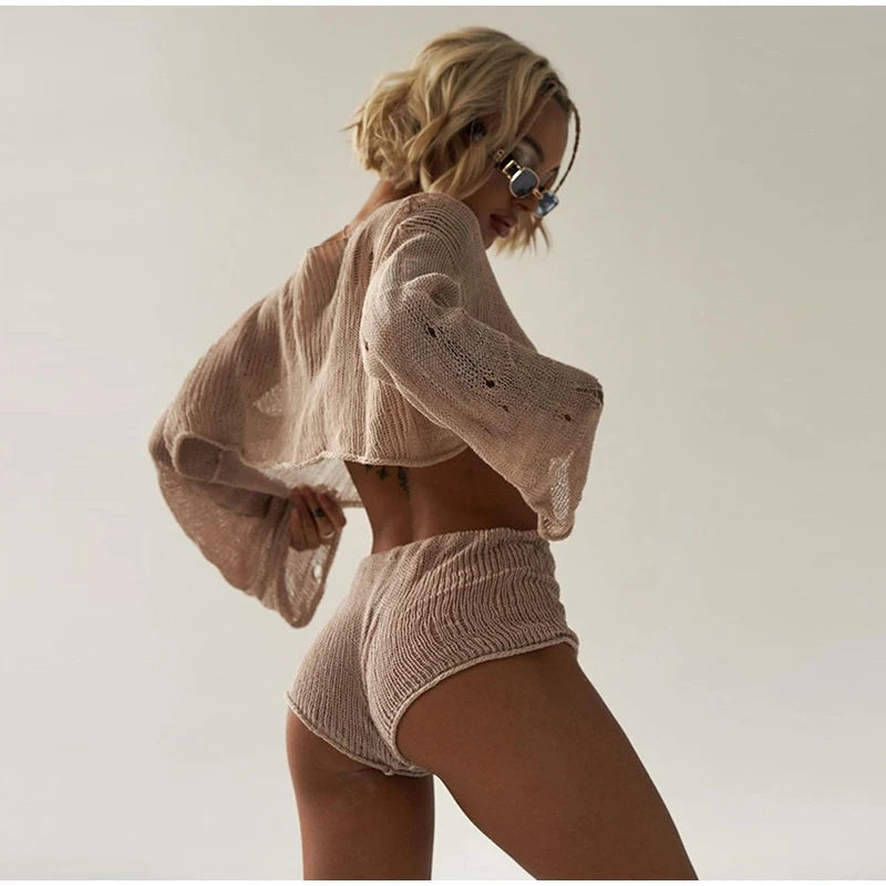 2023 Sexy Beach Crop Top Shorts Sets Women Knit Long Sleeve Lace Up Female Suit Summer Holiday See Through 2 Piece Set Womens