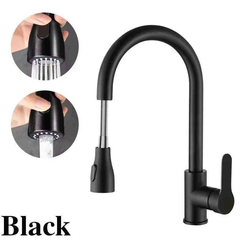 Old Style Pull-out Rotating Kitchen Faucet, 360° Swivel Stainless Steel Water Faucet in Brushed/Black Finish for Sink