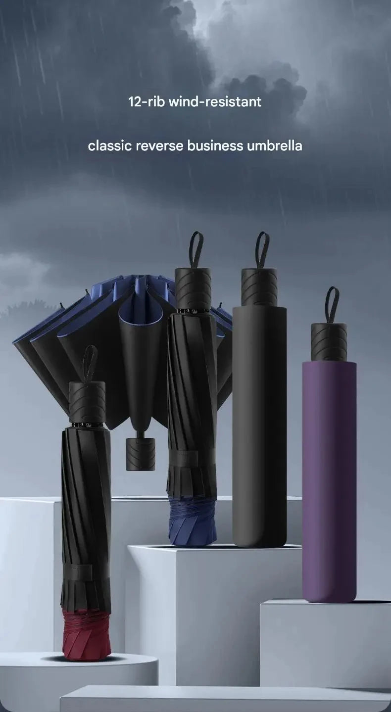 Extra Large 12-Rib Reinforced Umbrella Windproof UV Protection Heavy Rain Compact Fold Design 130cm for Sun And Rain