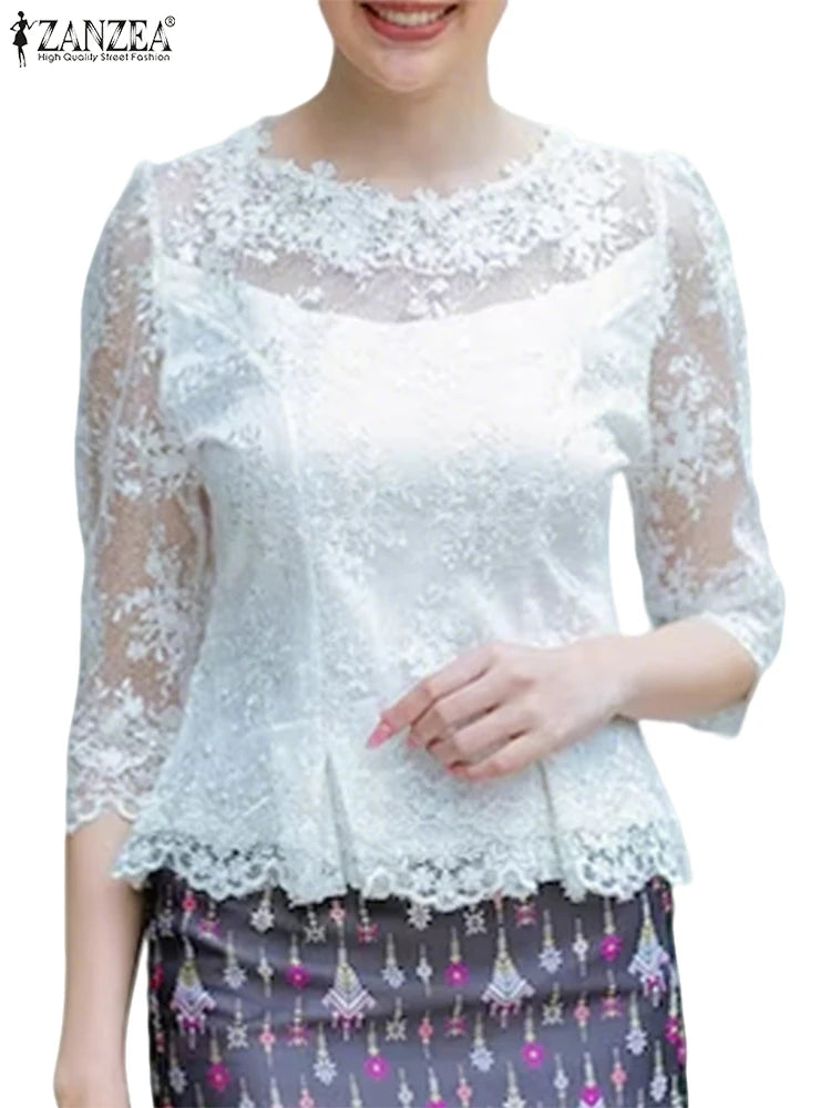 Summer Lace Blouse Women Tops Vintage Hollow Out Floral Blusas 3/4 Sleeve O Neck Tunics 2025 ZANZEA Casual Transparent Pullover