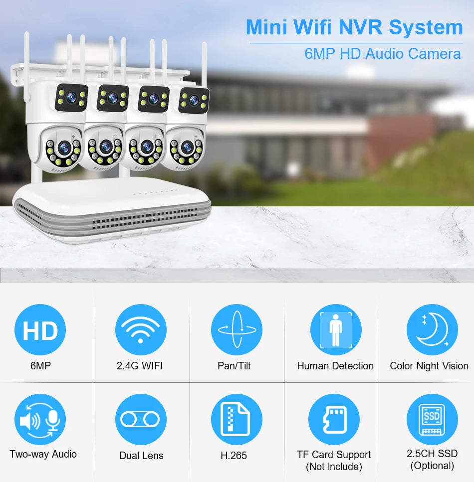 Smar WiFi Security Camera System 6MP Dual Lens Wireless IP Camera Kit With Two-Way Audio 8CH NVR