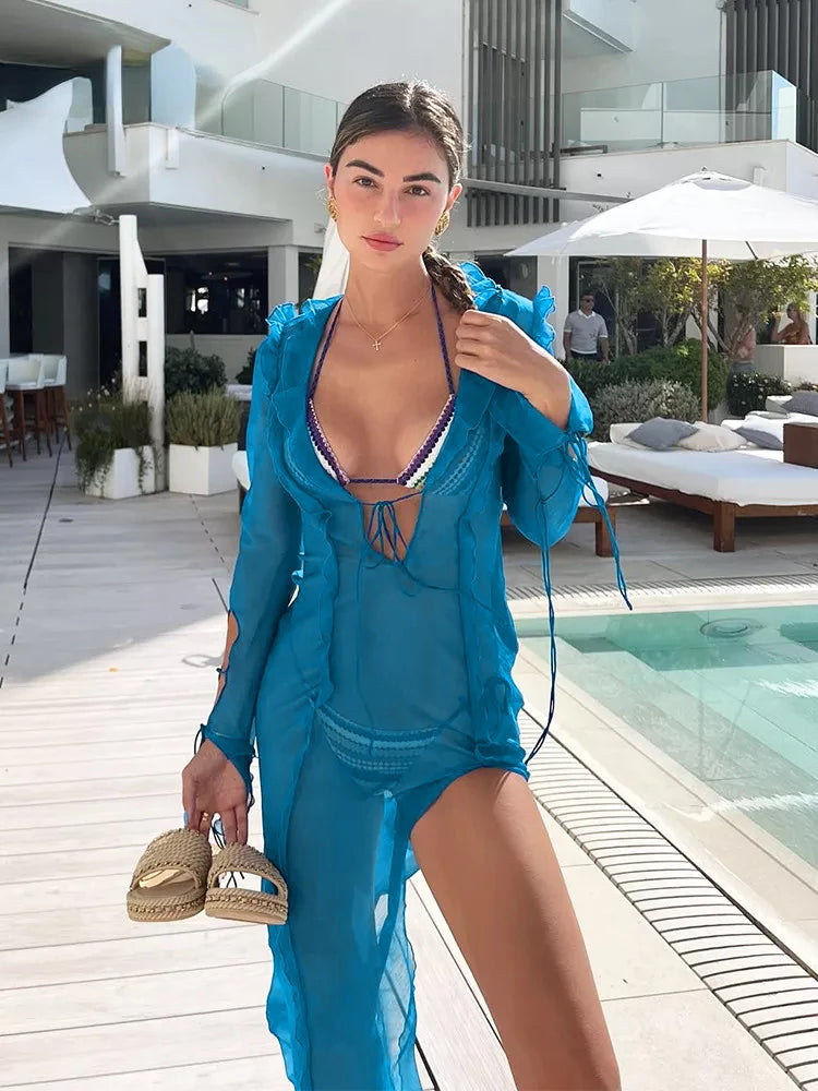 Summer Beach Dress Women Elegant Bandage Ruffles Slim Maxi Dress 2024 New Sexy Blue Long Sleeve Evening Party Dress Club Outfits