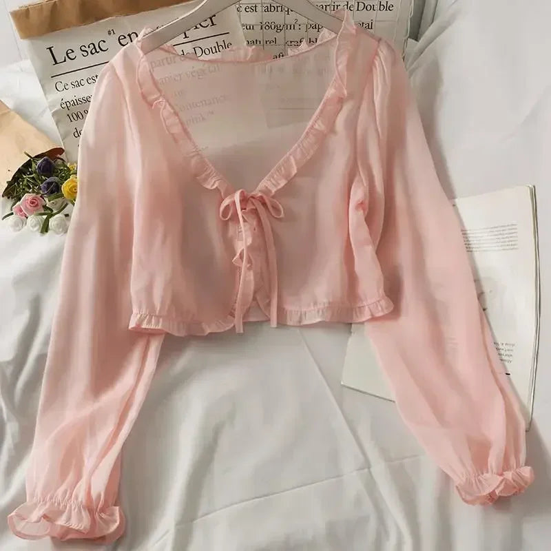Summer Ruffled Shawl Solid Color Chiffon Women's Long Sleeve Thin Y2K Coat Cape Bolero Summer Wear Cloak Shrug  For Vacation