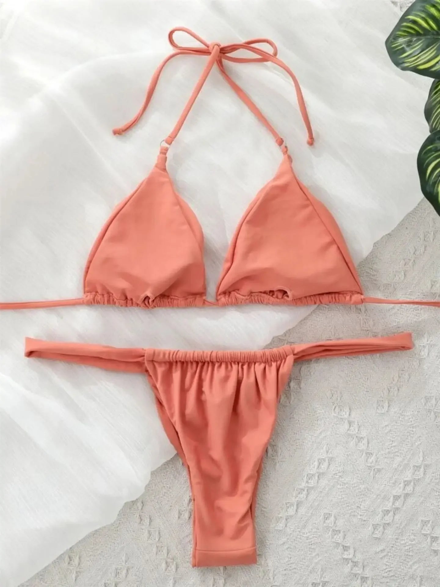 2025 Yearly Bikini Swimsuit Women's Separate Strap Pure Color Fabric Chest Pad Gathered Casual Beachwear Swimwear Set