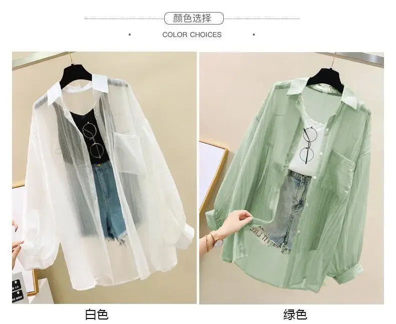 Summer Women's Elegant Chiffon Sunscreen Shirt Korean Harajuku Style See-Through Loose Blouse Thin Perspective Cardigan Yk2 Tops