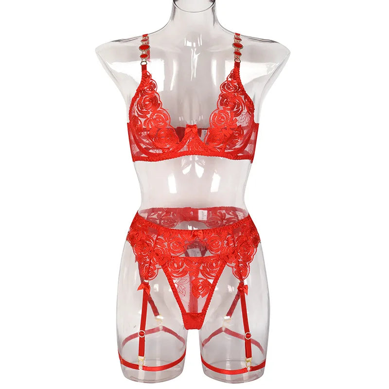 Sexy Lace Exotic Set Hollow Out Women's Underwear Erotic Cut-out Sexy Lingerie Bra Panty And Garters Lingerie Set Lenceria Mujer
