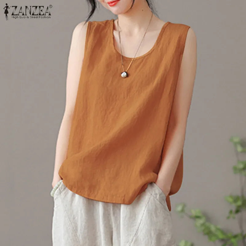 2024 ZANZEA Fashion Summer Beach Shirt Women O Neck Sleeveless Tanks Tops Female Party Solid Loose Blouse Elegant OL Work Blusas