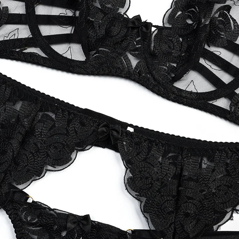 Sexy Lace Exotic Set Hollow Out Women's Underwear Erotic Cut-out Sexy Lingerie Bra Panty And Garters Lingerie Set Lenceria Mujer