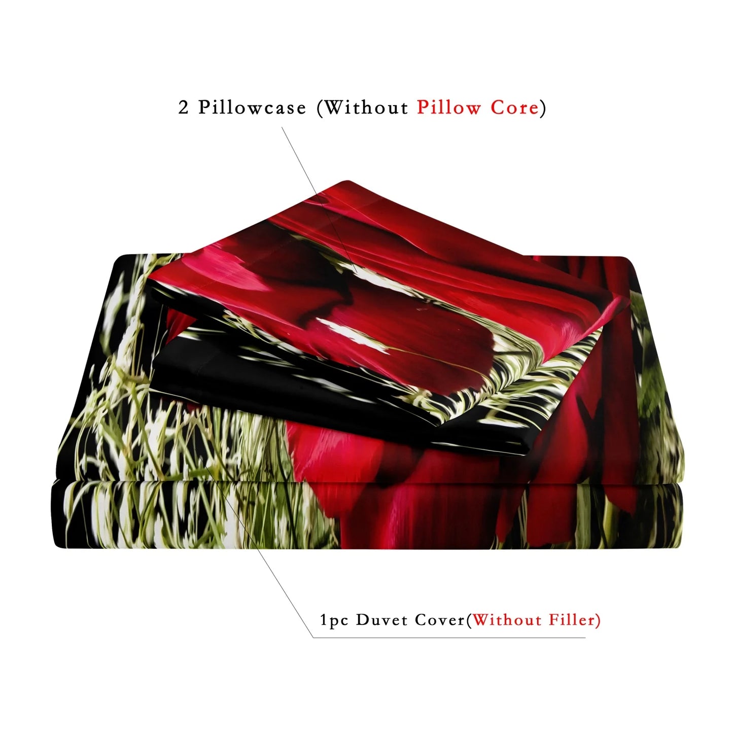 3pcs Red Rose Print Bedding, Bedroom Decor Duvet Cover With Pillowcases Set, No Filler (1* Duvet Cover + 2*Pillowcases)