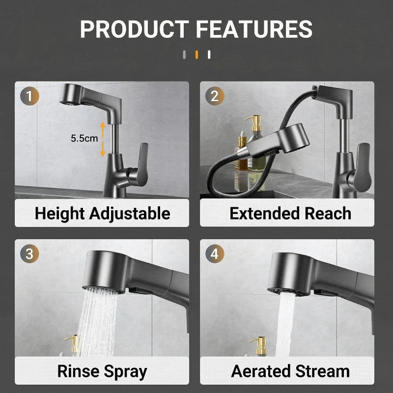2026 New Rotary Pull-out Bathroom Sink Faucet Hot & Cold Water 3 Modes Water Outlet Stylish Modern Design Basin Mixer Tap