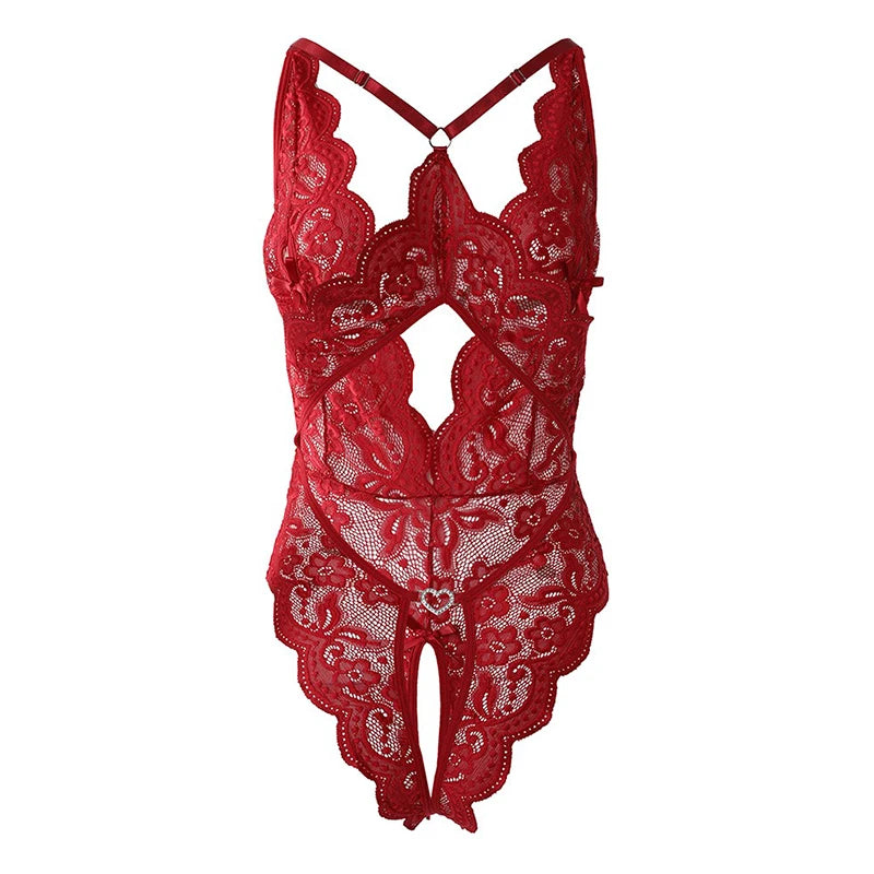 Lenceria Mujer Sexi One Pieces Open Bra Underwear For Sex Women Blue Deep V Crotchless Lingerie Sets Lace Transparent Bodysuits
