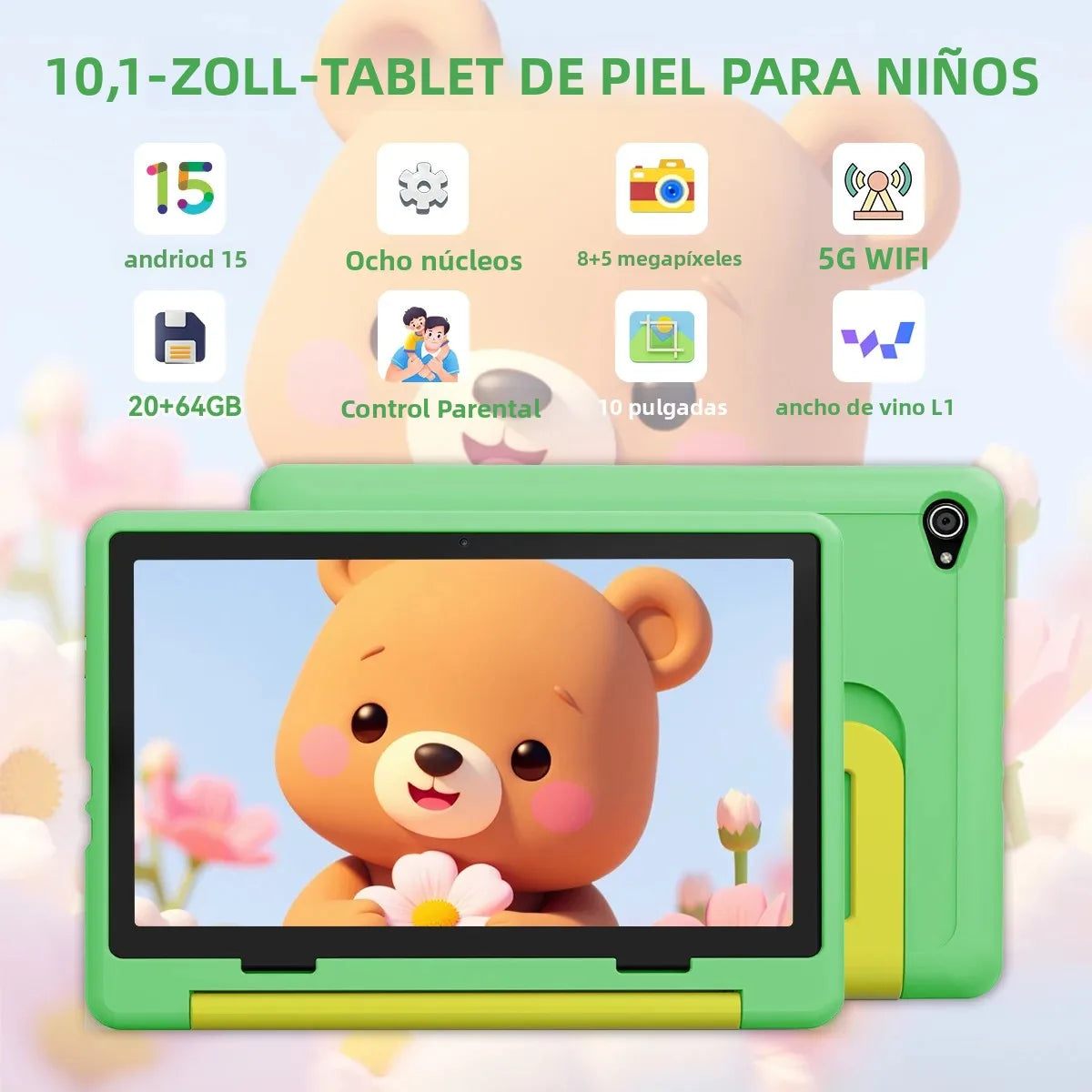 Kid Tablet 10Inch Android15 20GB RAM 64GB ROM 128GB Expandable 5000mAh 8-Core WiFi Bluetooth Children's Gift KIDOZ Kids Software