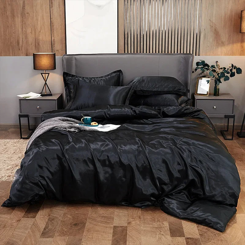 Solid Color Silk-like Bedding European and American Bed Sheet Quilt Cover Pillowcase
