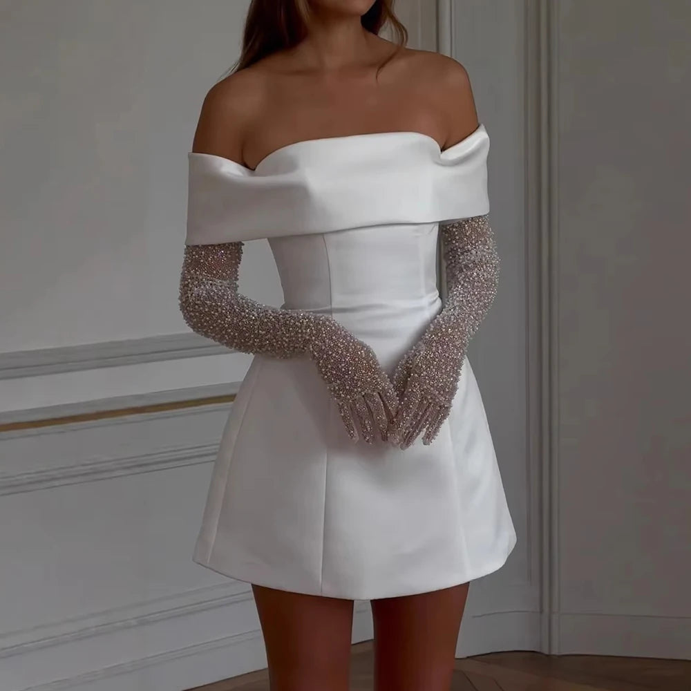 Summer Dresses 2025 Elegant Solid Color Short Sleeve Off Shoulder Layered Mini A-Line Party Dresses for Women