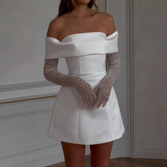 Summer Dresses 2025 Elegant Solid Color Short Sleeve Off Shoulder Layered Mini A-Line Party Dresses for Women
