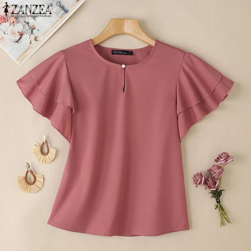 2026 ZANZEA Summer Elegant Short Sleeve Office Blouse Women Shirt Casual Solid OL Work Tops Fashion O Neck Holiday Tunic Mujer