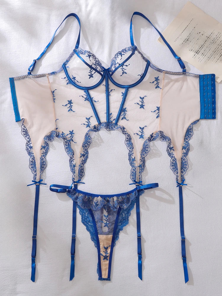 Sexy Porn Body Lingerie Lace Flower Embroidery Transparent Underwear Erotic Costume Bra And Thong Two Piece Exotic Sets Lenceria